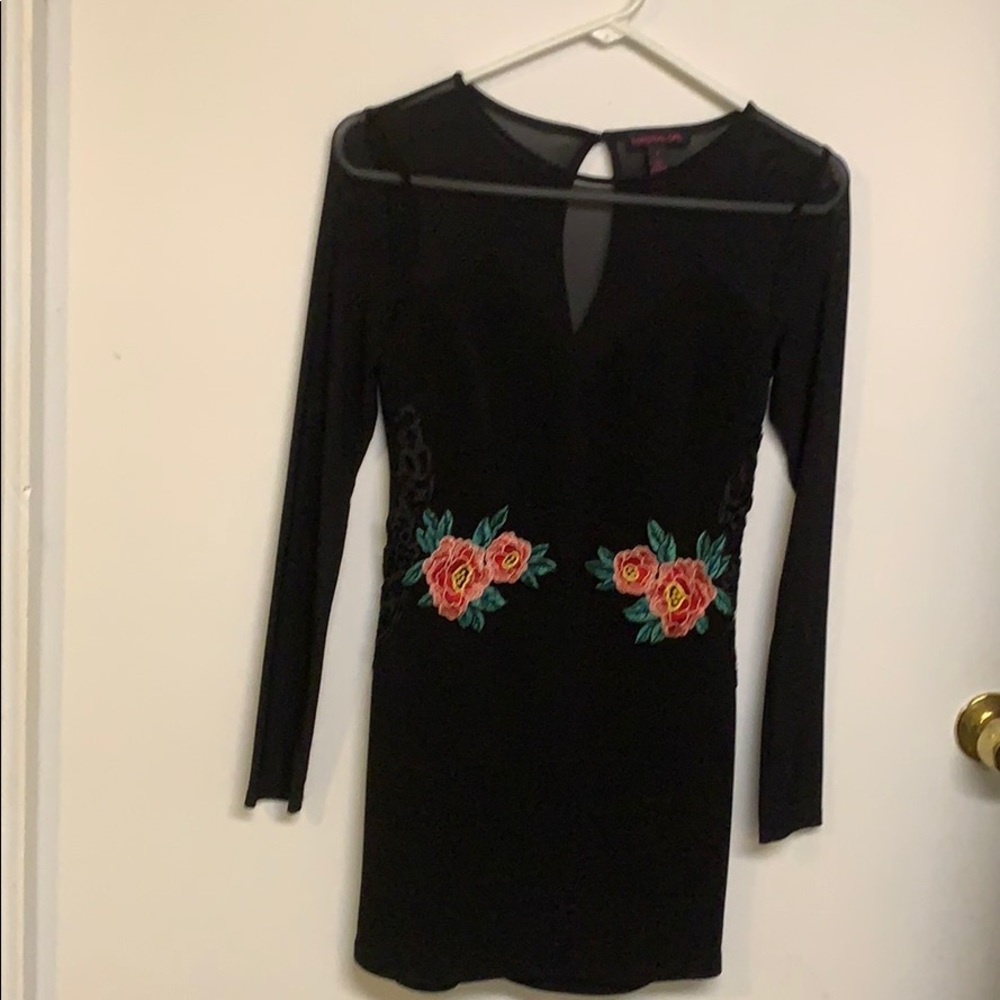Size Small mini black dress with floral print